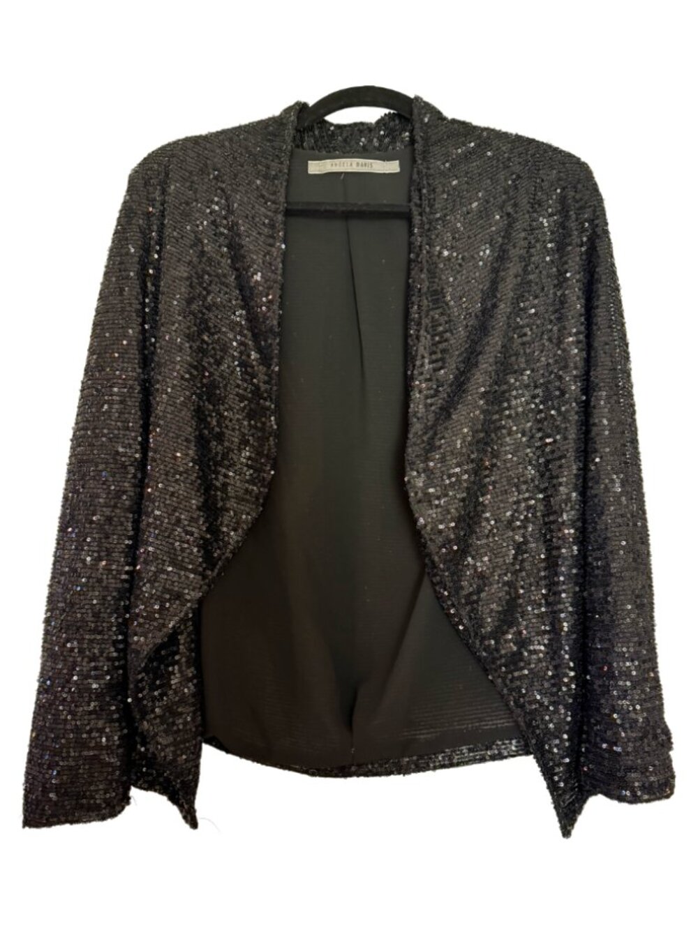 Angela Davis Black Black Sequin Shawn Collar Padded Shoulder Evening Blazer